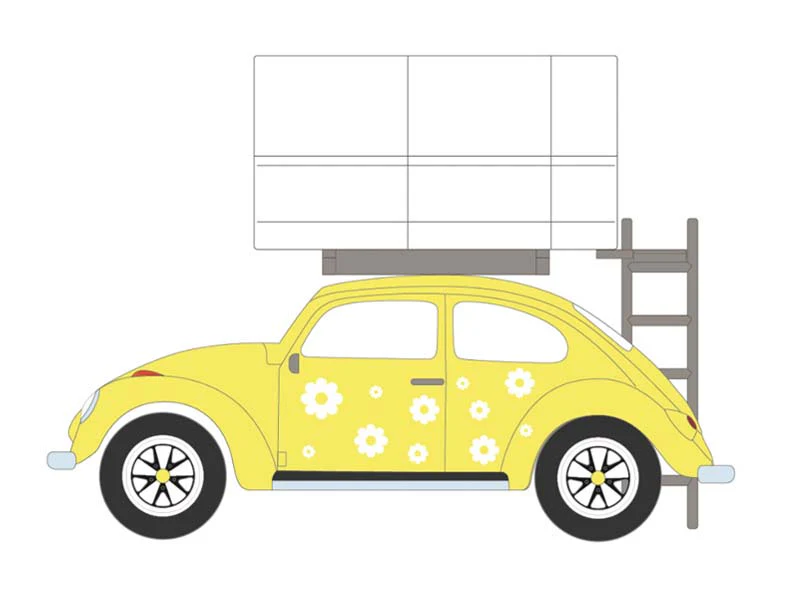Classic Volkswagen Beetle - Yellow Flower Power w/ Camp'otel Cartop Sleeper Tent (The Great Outdoors Series 4) Diecast 1:64 Scale Model - Greenlight 38080A - Image 3