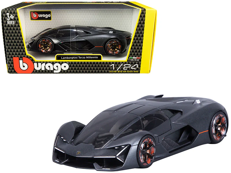 Lamborghini Terzo Millennio Dark Gray Metallic w/ Black Top and Carbon Accents Diecast 1:24 Scale Model - Bburago 21094GRY - Image 2