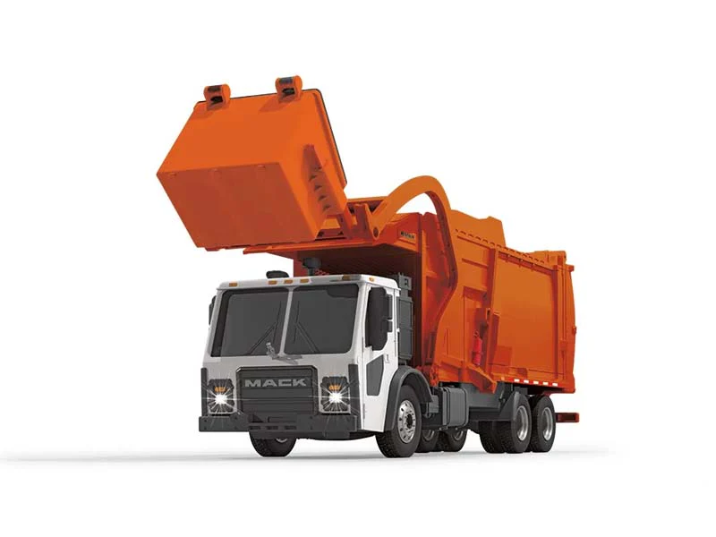 Mack LR w/ McNeilus Meridian Front Load Refuse Truck & Bin w/ Lights and Sounds - Orange Plastic 1:25 Scale Model - First Gear 70-0625 - Image 2