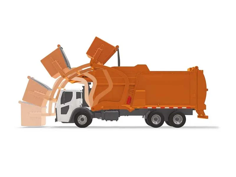Mack LR w/ McNeilus Meridian Front Load Refuse Truck & Bin w/ Lights and Sounds - Orange Plastic 1:25 Scale Model - First Gear 70-0625 - Image 3
