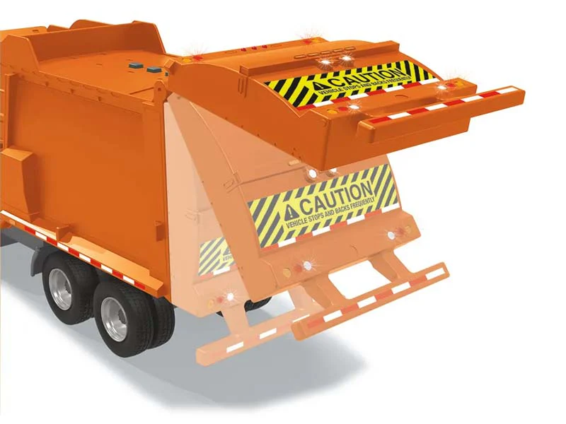Mack LR w/ McNeilus Meridian Front Load Refuse Truck & Bin w/ Lights and Sounds - Orange Plastic 1:25 Scale Model - First Gear 70-0625 - Image 5