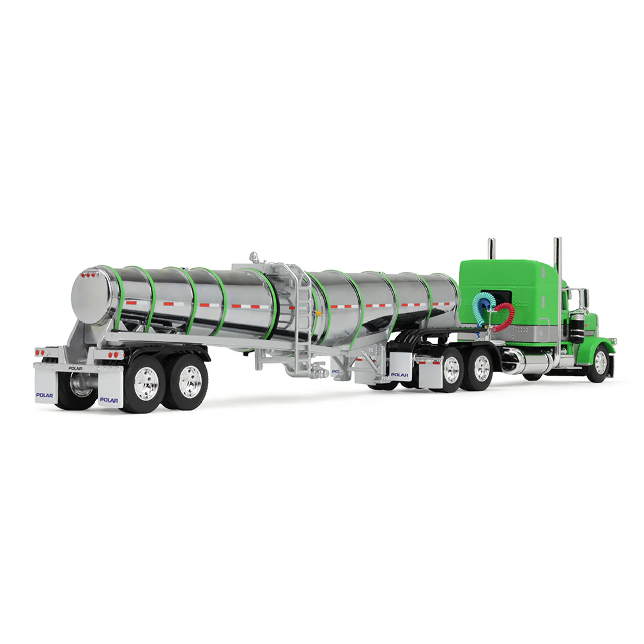 Peterbilt Model 389 w/ 48" Mid-Roof Sleeper In Green, Silver, and Black w/ Polar Deep Drop Trailer Diecast 1:64 Scale Model - DCP 60-1934 - Image 3