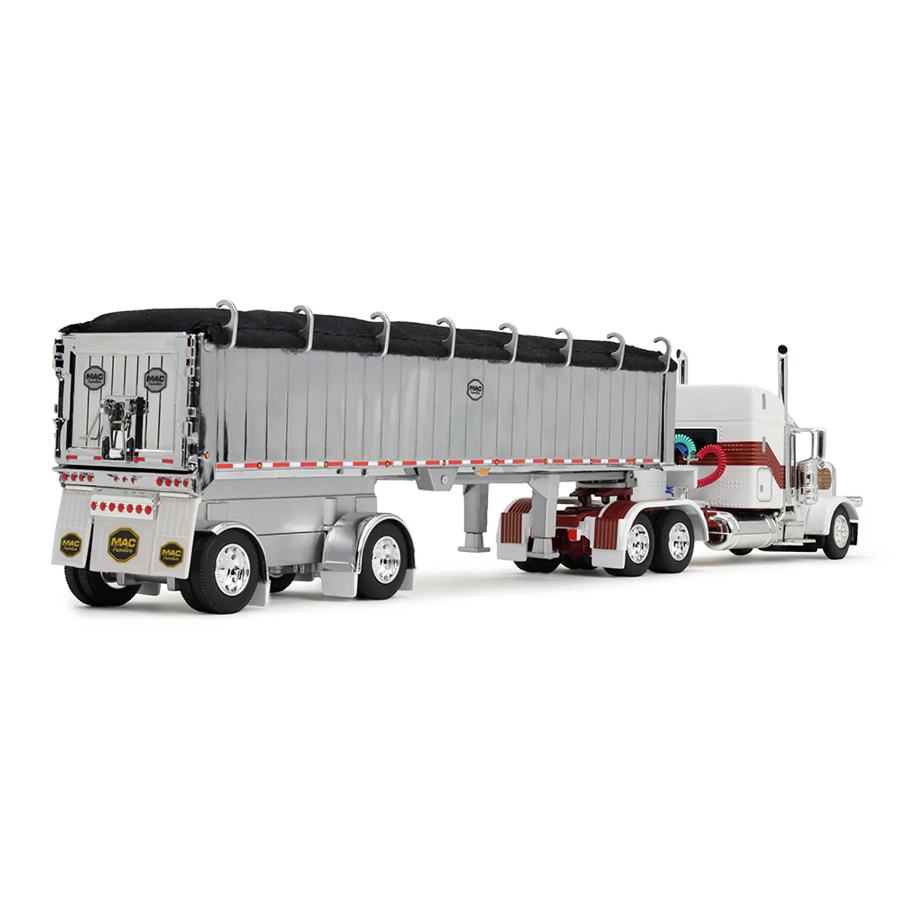 Peterbilt Model 389 w/ 48" Mid-Roof Sleeper in White, Red, and Gold w/ MAC Coal End Dump Trailer Diecast 1:64 Scale Model - DCP 60-1936 - Image 3