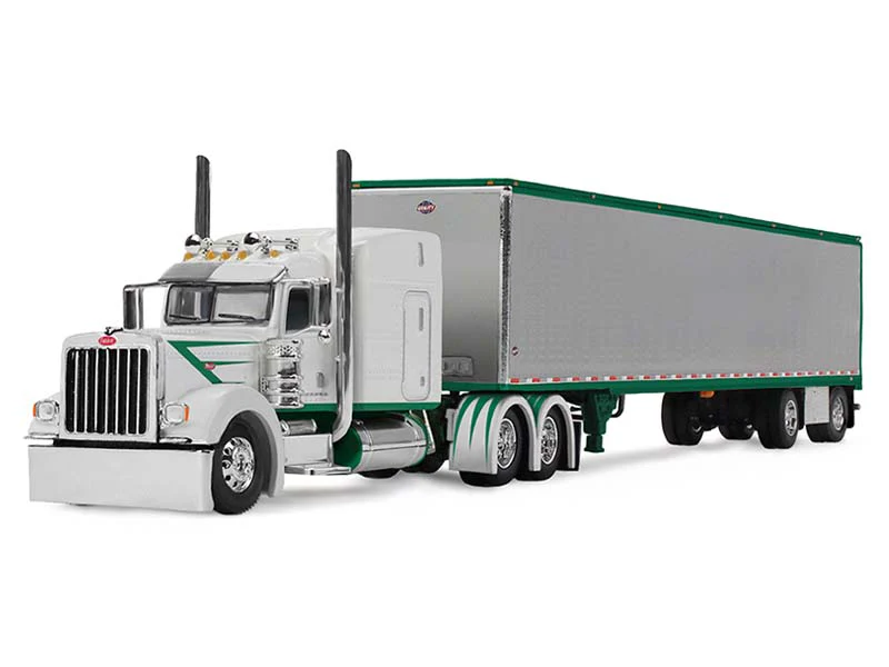 Peterbilt Model 389 w/ Mid-Roof Sleeper - White w/ Green Stripes Hauling Utility Trailer Diecast 1:64 Scale Model - DCP 60-2192