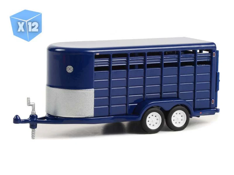 PRE-ORDER - 12 PACK 14-Foot Livestock Trailer - Dark Blue (Hitch & Tow Trailers) Diecast 1:64 Scale Model - Greenlight 30425