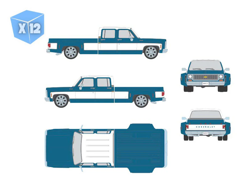 PRE-ORDER - 12 PACK 1974 Chevrolet Custom C30 Crew Cab Dually Lowered Deluxe Two-Tone Catalina Blue Metallic & Frost White Diecast 1:64 Scale Model - Karson Diecast IAPR1022 - Image 19