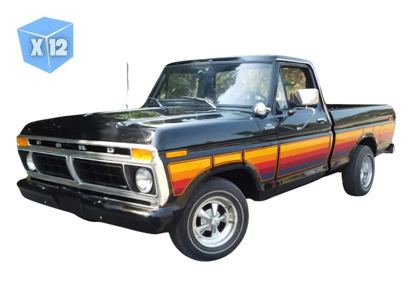 PRE-ORDER - 12 PACK 1977 Ford F-100 – Free Wheeling Stripes Edition – Raven Black Diecast 1:64 Scale Model - Greenlight 30571