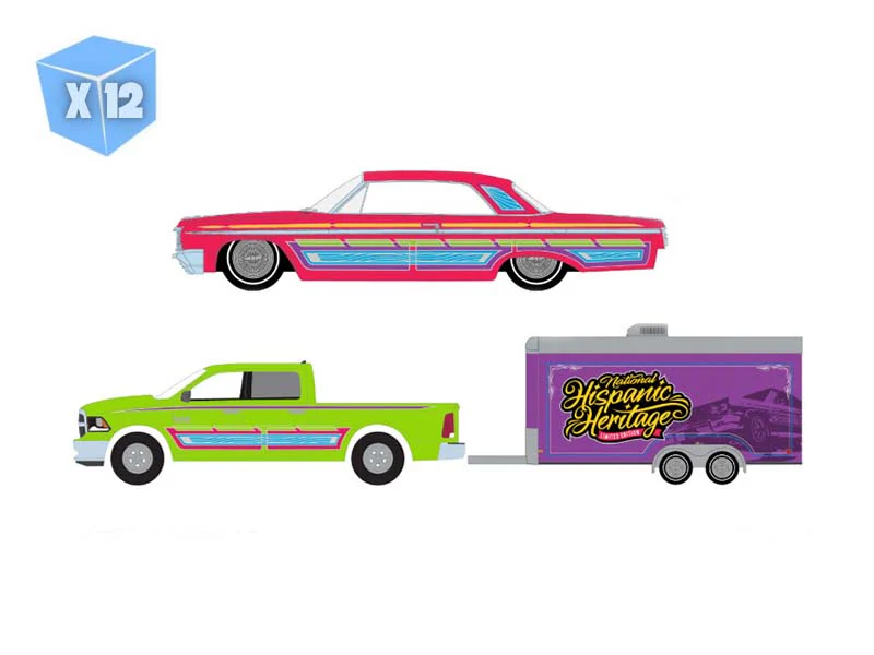 PRE-ORDER - 12 PACK 2014 Ram 1500 w/ 1964 Chevrolet Impala Lowrider in Enclosed Hauler - Sergio Rocha Special Edition Diecast 1:64 Scale Model - Greenlight 30555