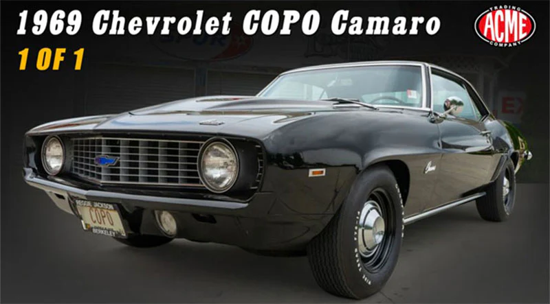 PRE-ORDER 1969 Chevrolet COPO Camaro - Black w/ Yellow Houndstooth Interior Diecast 1:18 Scale Model - ACME A1805736 - Image 2
