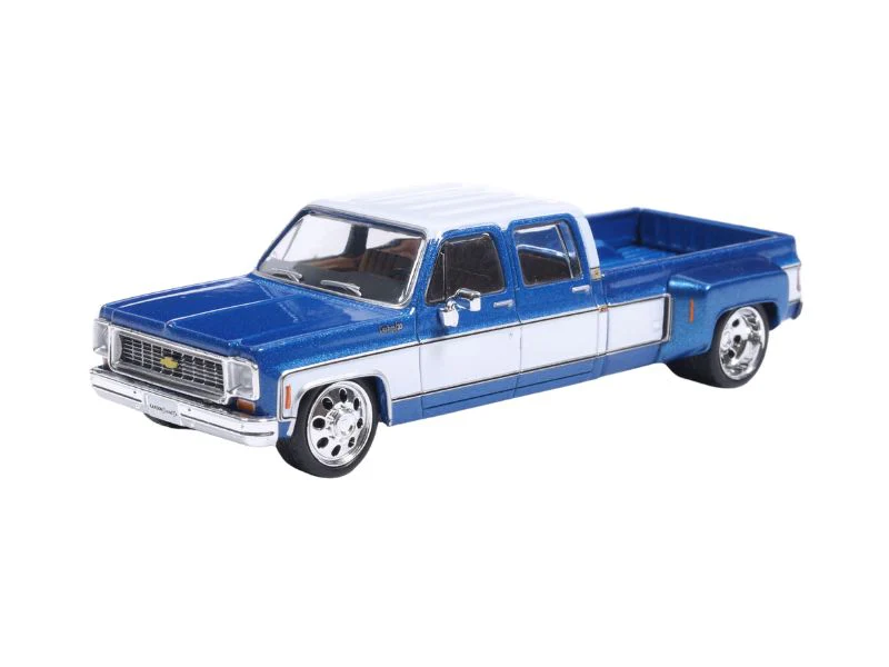 PRE-ORDER 1974 Chevrolet Custom C30 Crew Cab Dually Lowered Deluxe Two-Tone Catalina Blue Metallic & Frost White Diecast 1:64 Scale Model - Karson Diecast IAPR1022