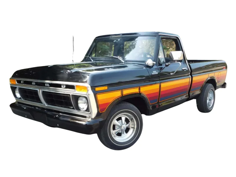 PRE-ORDER 1977 Ford F-100 – Free Wheeling Stripes Edition – Raven Black Diecast 1:64 Scale Model - Greenlight 30571