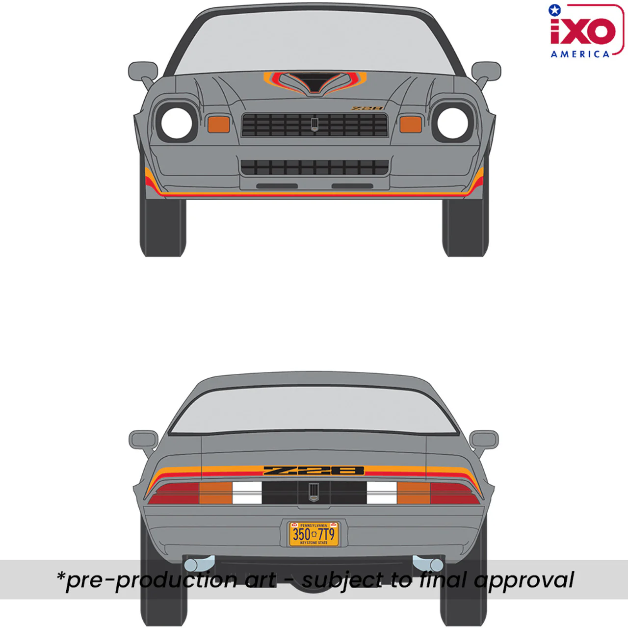 PRE-ORDER 1979 Chevrolet Camaro Z28 - Silver w/ Orange Stripes Diecast 1:64 Scale Model - IXO IA64024 - Image 2