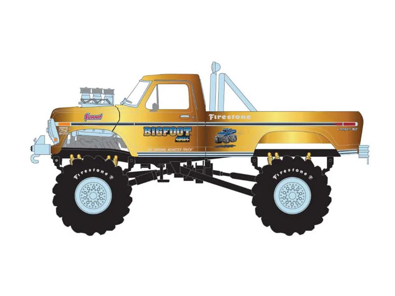 PRE-ORDER 1979 Ford F-250 Monster Truck – Gold Chrome w/ Bob Chandler Standing Figure (Kings of Crunch - Bigfoot #1 50th Anniversary) Diecast 1:18 Scale Model - Greenlight 13715