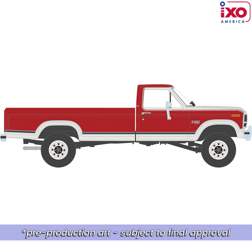 PRE-ORDER 1984 Ford F-250 XLT Lariat Long Bed Styleside 4x4 - Victoria Tu-Tone Bright Canyon Red w/ Wimbledon White Diecast 1:64 Scale Model - IXO IA64028 - Image 2