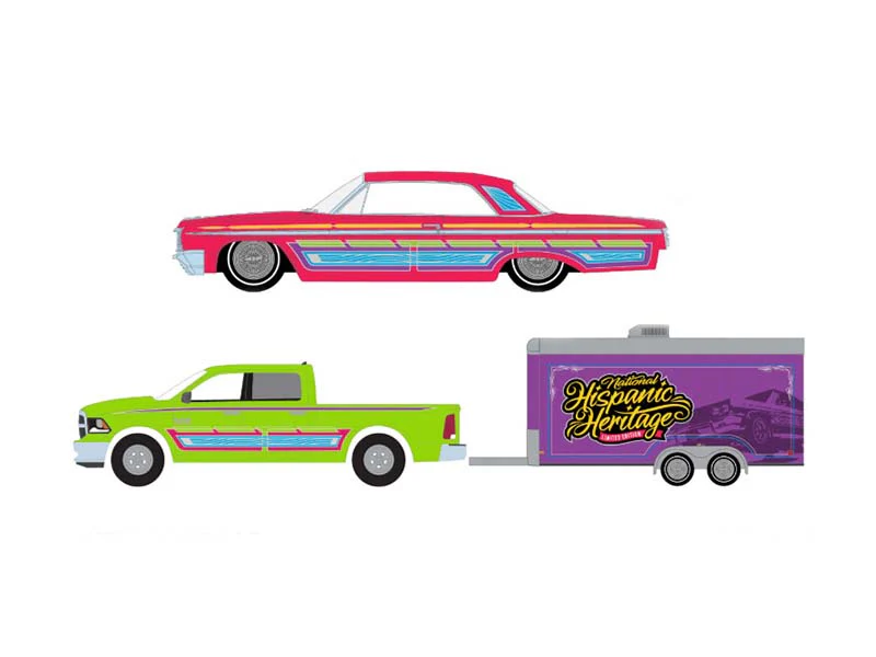 PRE-ORDER 2014 Ram 1500 w/ 1964 Chevrolet Impala Lowrider in Enclosed Hauler - Sergio Rocha Special Edition Diecast 1:64 Scale Model - Greenlight 30555