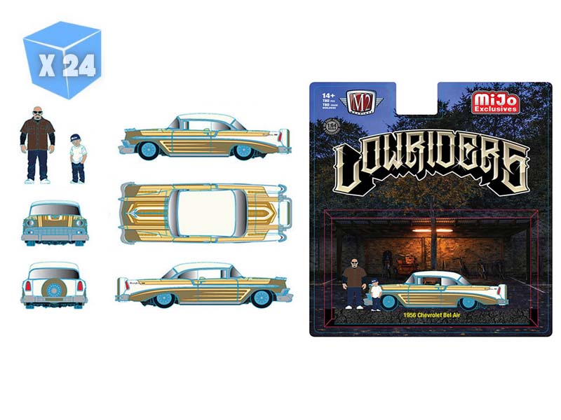 PRE-ORDER - 24 PACK 1956 Chevrolet Bel Air Lowriders w/ 2 Dad & Son Figures – Beige Gold Diecast 1:64 Scale Model - M2 Machines 67500-MJS03