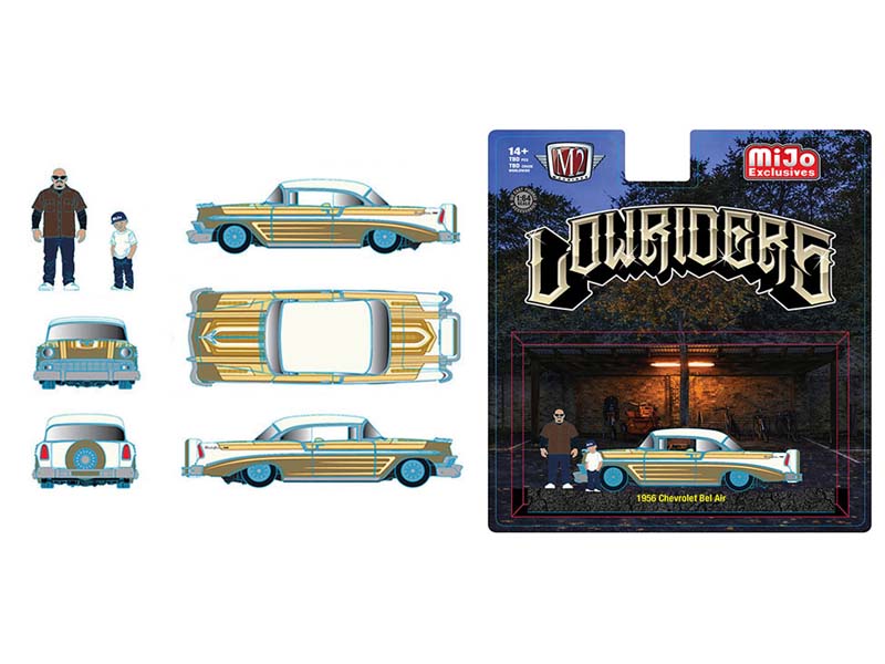 PRE-ORDER - 24 PACK 1956 Chevrolet Bel Air Lowriders w/ 2 Dad & Son Figures – Beige Gold Diecast 1:64 Scale Model - M2 Machines 67500-MJS03 - Image 2