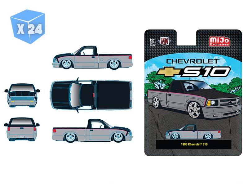 PRE-ORDER - 24 PACK 1995 Chevrolet S10 Custom -Silver w/ Black Two Tone Diecast 1:64 Scale Model - M2 Machines 31500-MJS100