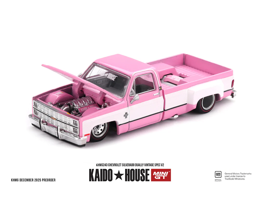 PRE-ORDER - 24 PACK Chevrolet Silverado Dually Vintage Spec V2 – Pink w/ White (Kaido House x Mini GT) Diecast 1:64 Scale Model - TSM KHMG243 - Image 3