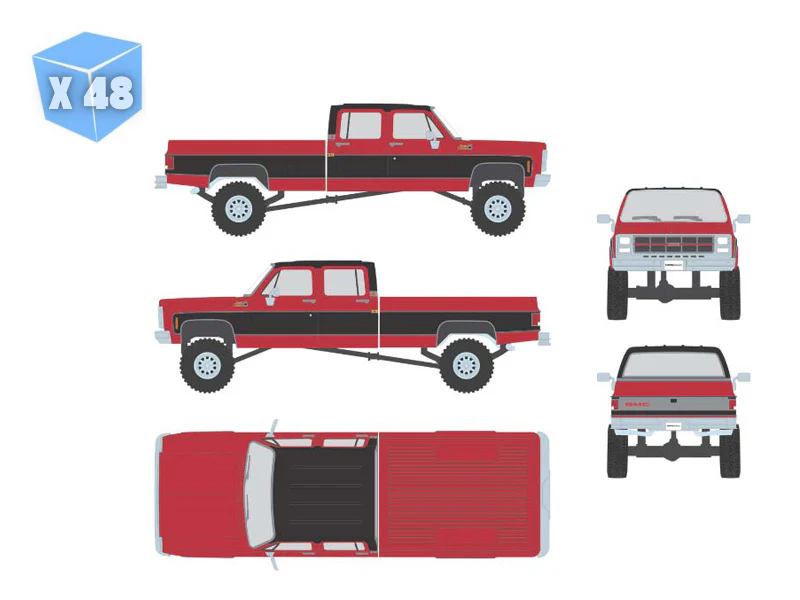 PRE-ORDER - 48 PACK 1980 GMC Sierra Classic K3500 Wideside Crew Cab Lifted Two-Tone Cardinal Red & Black Diecast 1:64 Scale Model - Karson Diecast IAPR1023 - Image 17
