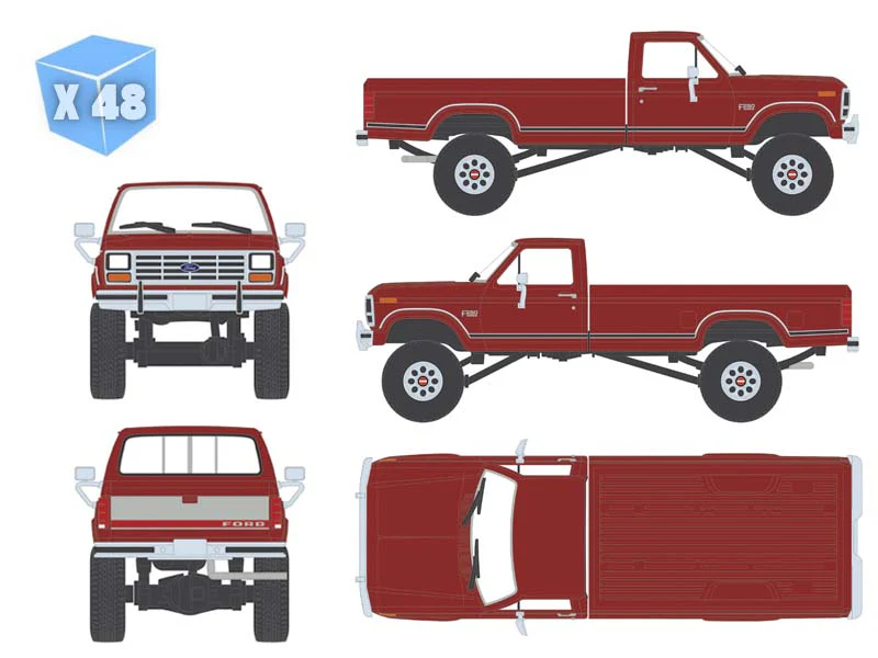 PRE-ORDER - 48 PACK 1985 Ford F-250 XLT 4x4 Long Bed Dark Canyon Red Diecast 1:64 Scale Model - Karson Diecast Co. IAPR1031