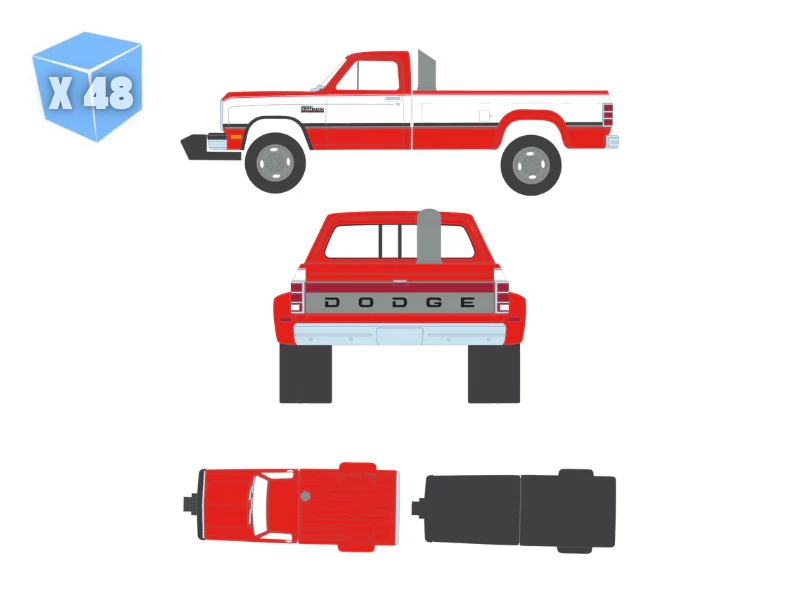 PRE-ORDER - 48 PACK 1993 Dodge Ram D350 Dually - Red and White w/ Exhaust + Bumper Weights (Dually Drivers Series 17) Diecast 1:64 Scale Model - Greenlight 46170C - Image 8
