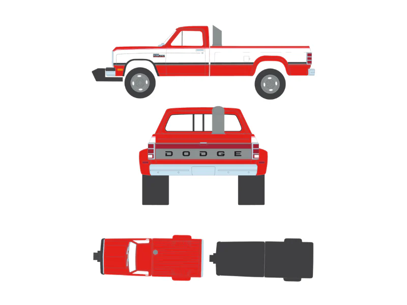 PRE-ORDER - 48 PACK 1993 Dodge Ram D350 Dually - Red and White w/ Exhaust + Bumper Weights (Dually Drivers Series 17) Diecast 1:64 Scale Model - Greenlight 46170C - Image 9