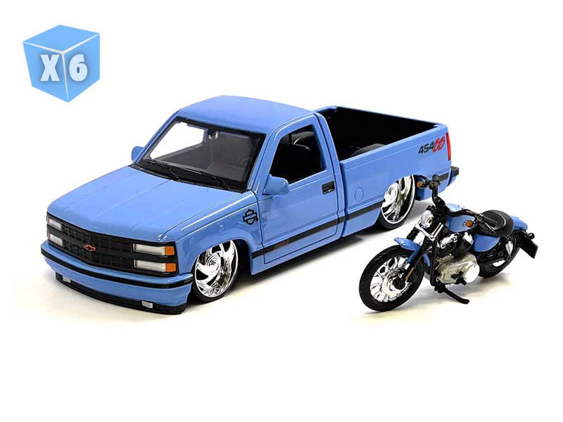 PRE-ORDER - 6 PACK 1993 Chevrolet 454SS Pick-Up & 2007 XL 1200N Nightster Harley-Davidson Bike Custom Blue Diecast 1:24 Scale Model - Maisto 32276-CBL