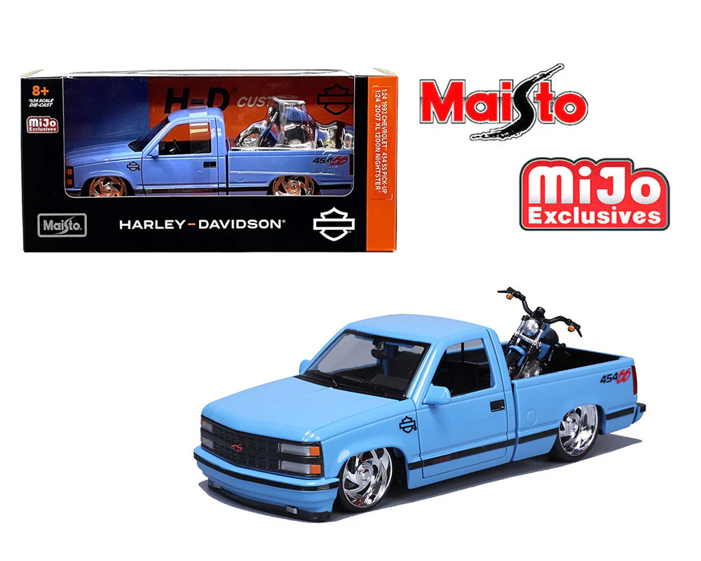 PRE-ORDER 1993 Chevrolet 454SS Pick-Up & 2007 XL 1200N Nightster Harley-Davidson Bike Custom Blue Diecast 1:24 Scale Model - Maisto 32276-CBL - Image 3