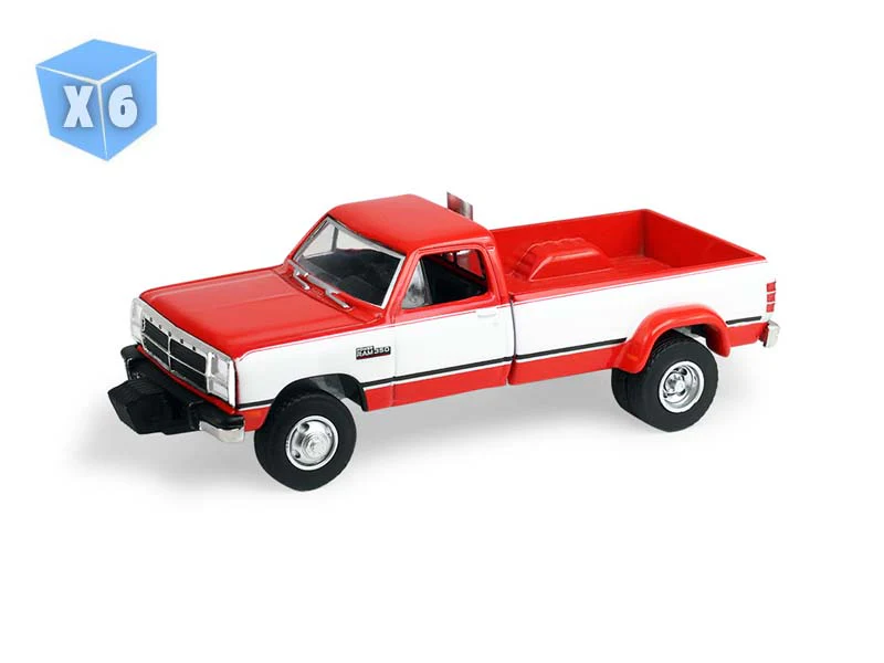 PRE-ORDER - 6 PACK 1993 Dodge Ram D350 Dually - Red and White w/ Exhaust + Bumper Weights (Dually Drivers Series 17) Diecast 1:64 Scale Model - Greenlight 46170C