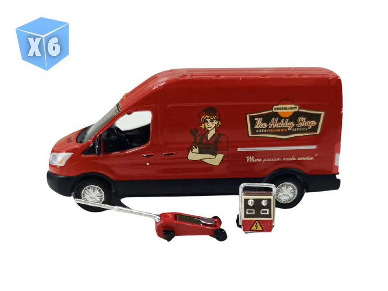 PRE-ORDER - 6 PACK 2019 Ford Transit LWB High Roof – Mobile Mechanic w/ Car Jack and Battery (The Hobby Shop Series 17) Diecast 1:64 Scale Model - Greenlight 97170E