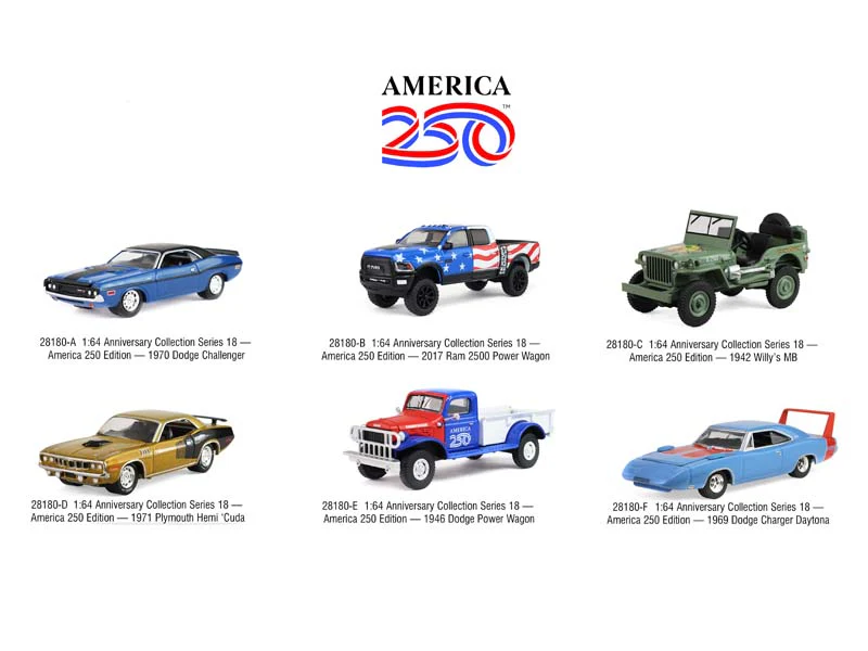 PRE-ORDER (Anniversary Collection Series 18 – America 250 Edition) SET OF 6 Diecast 1:64 Scale Models - Greenlight 28180