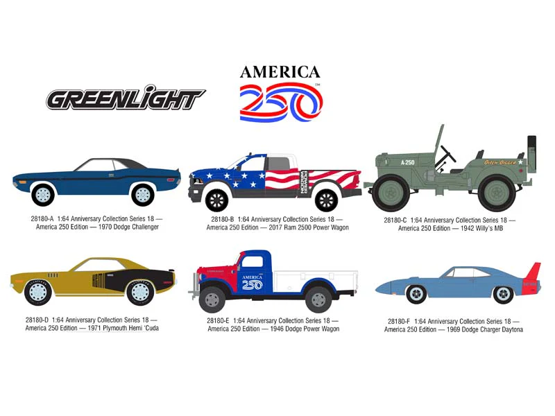 PRE-ORDER (Anniversary Collection Series 18 – America 250 Edition) SET OF 6 Diecast 1:64 Scale Models - Greenlight 28180 - Image 2