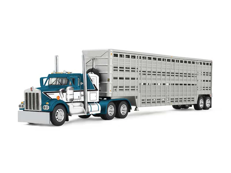 PRE-ORDER Kenworth W900A w/ 36" Sleeper & 45' Wilson Vintage Livestock Trailer Mariner Blue/Silver Diecast 1:64 Scale Model - DCP 60-2136