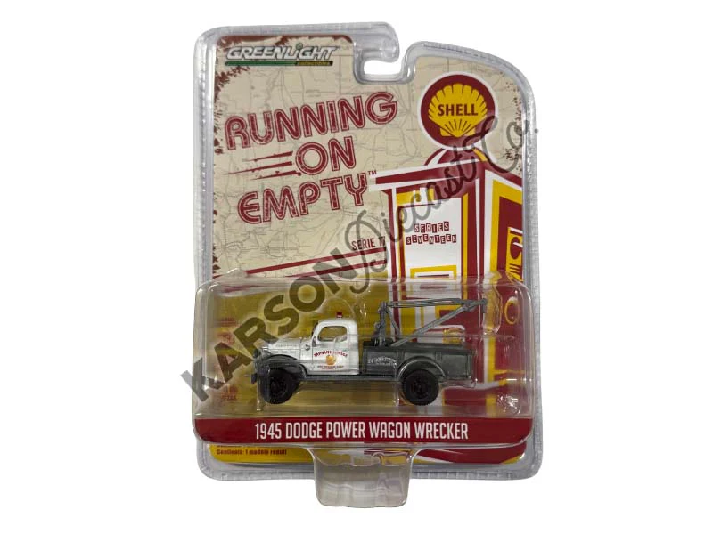 RAW CHASE 1945 Dodge Power Wagon Wrecker - Shell Oil (Running on Empty Series 17) Diecast 1:64 Scale Model - Greenlight 41170A