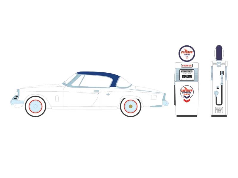 RAW CHASE 1954 Studebaker Commander Starliner w/ Wayne 505 Gas Pump – Chevron Supreme (The Hobby Shop Series 16) Diecast 1:64 Scale Model - Greenlight 97160B - Image 3