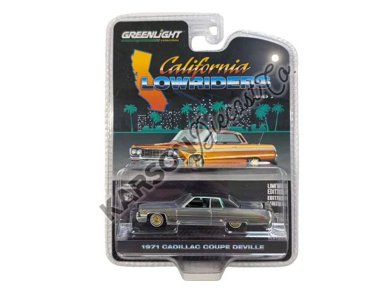 RAW CHASE 1971 Cadillac Coupe DeVille – Green and Gold (California Lowriders Series 5) Diecast 1:64 Scale Model - Greenlight 63060E