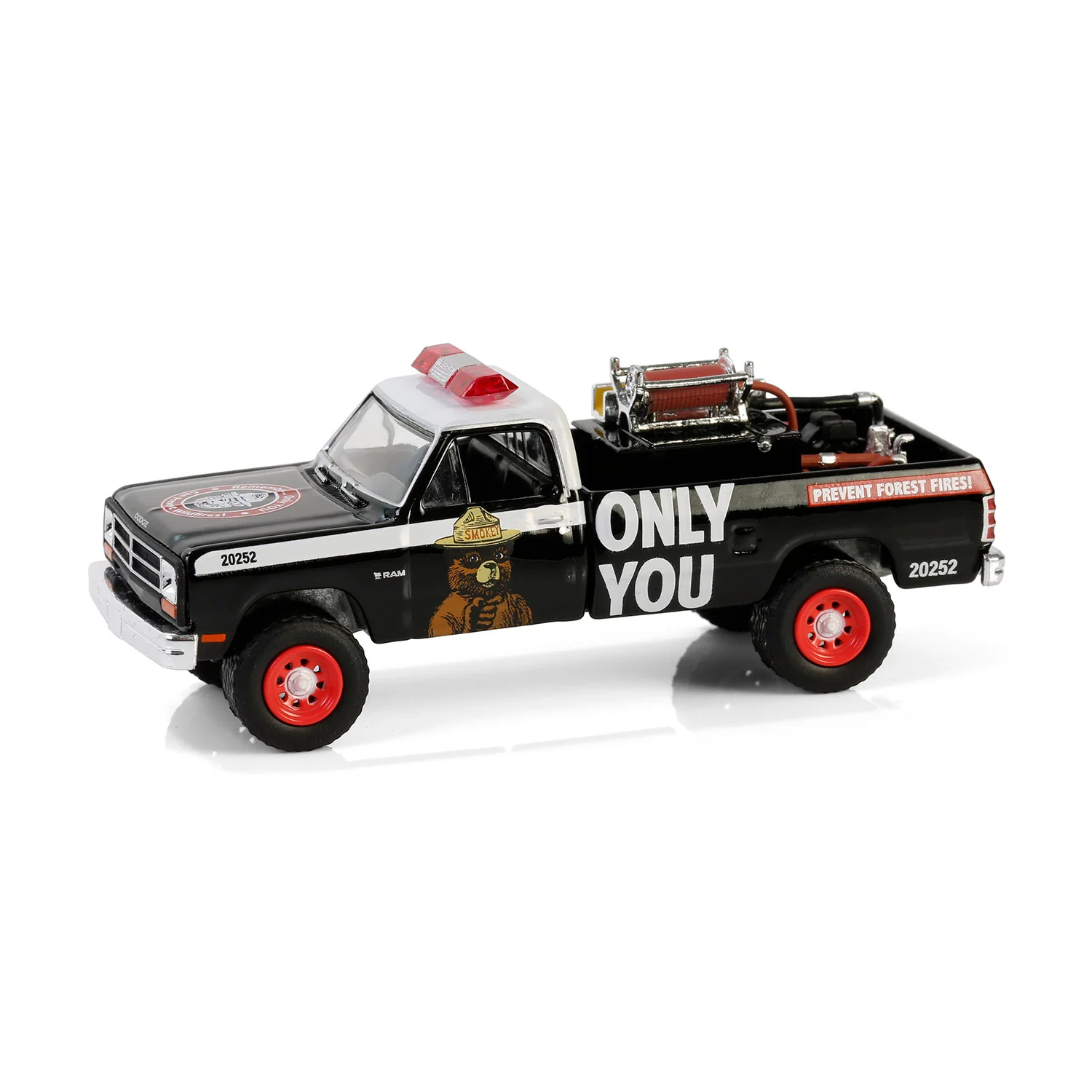 RAW CHASE 1987 Dodge Ram D250 w/ Fire Equipment, Hose & Tank (Smokey Bear Series 4) Diecast 1:64 Scale Model - Greenlight 38070E - Image 2