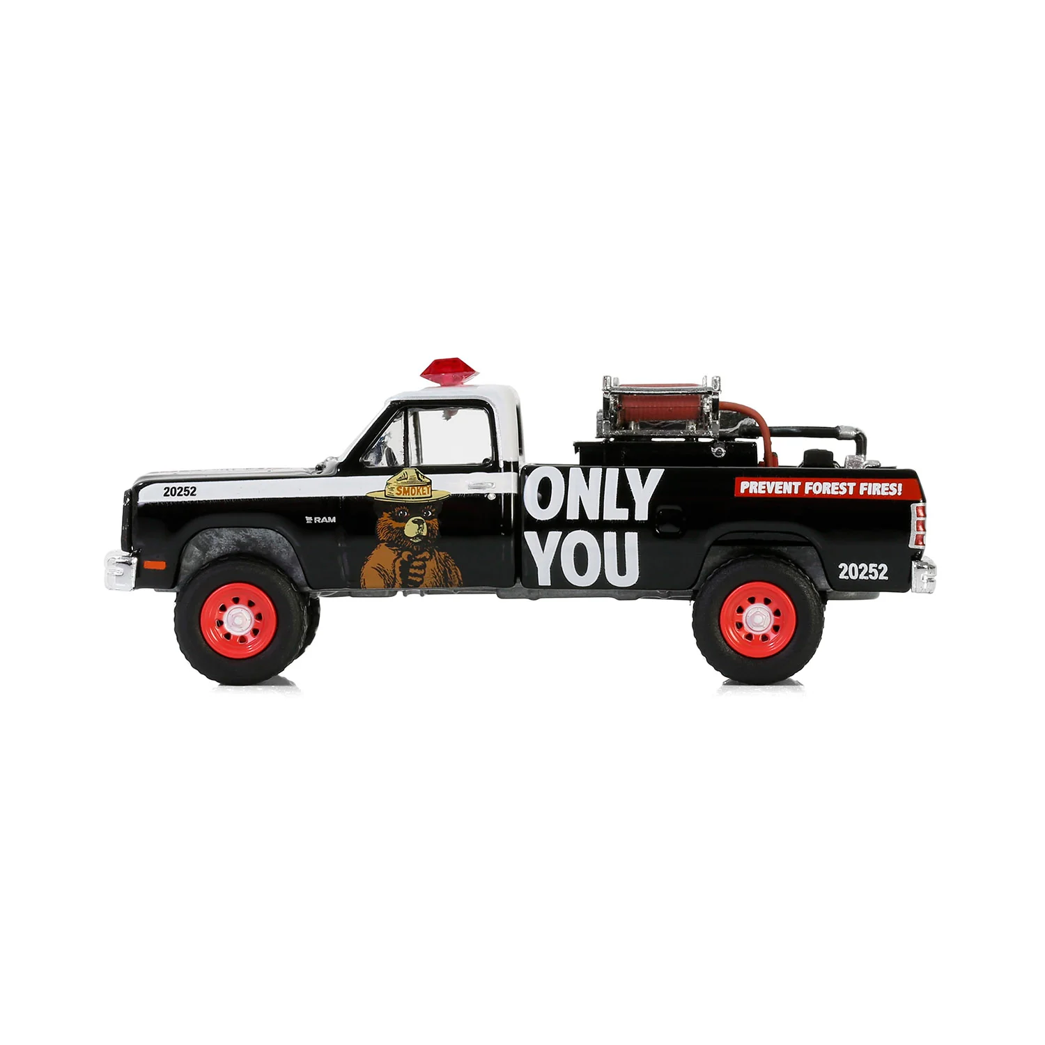 RAW CHASE 1987 Dodge Ram D250 w/ Fire Equipment, Hose & Tank (Smokey Bear Series 4) Diecast 1:64 Scale Model - Greenlight 38070E - Image 4