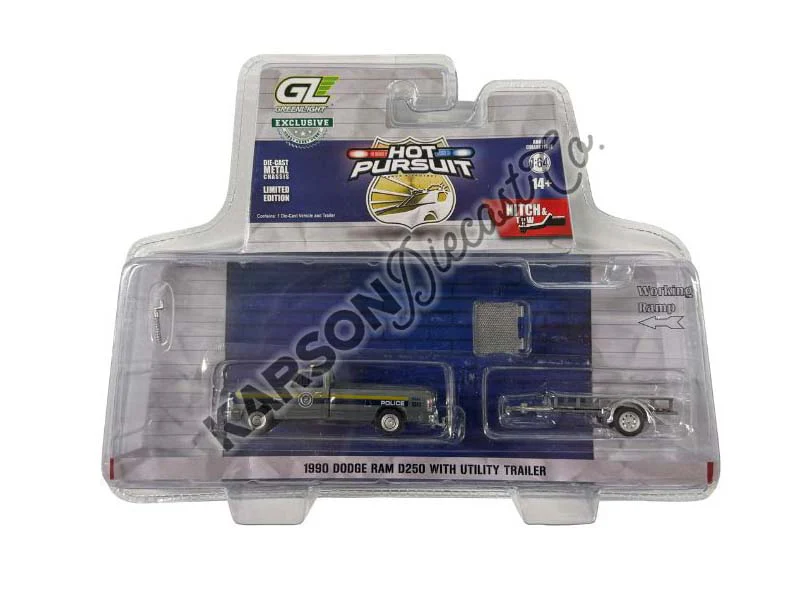 RAW CHASE 1990 Dodge Ram D-250 w/ Utility Trailer – PA Police (Hot Pursuit Hitch & Tow Series 1) Diecast 1:64 Scale Model - Greenlight 32315A