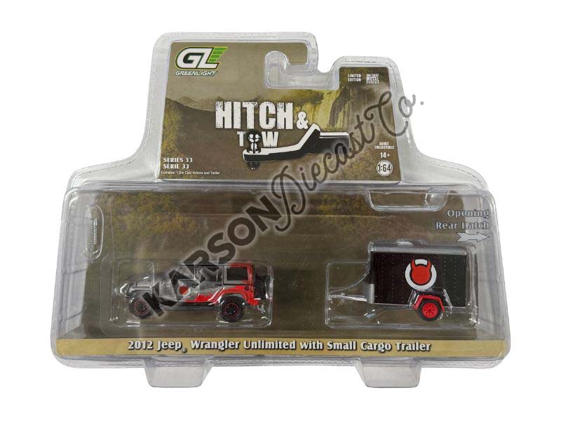 RAW CHASE 2012 Jeep Wrangler Unlimited w/ Small Cargo Trailer– Diablo Sport (Hitch & Tow Series 33) Diecast 1:64 Scale Model - Greenlight 32330C