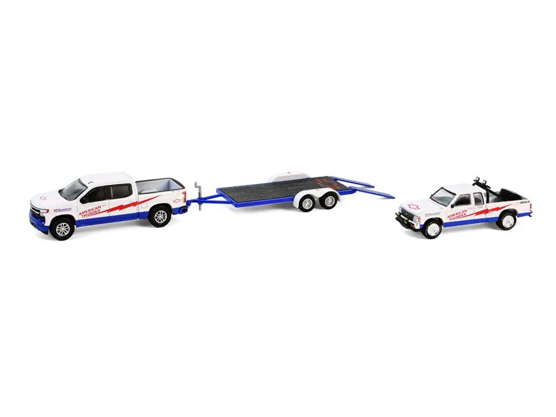 RAW CHASE 2023 Chevrolet Silverado 1500 - 1989 Chevrolet S-10 Baja w/ Flatbed Trailer (Racing Hitch & Tow Series 5) Diecast 1:64 Scale Model - Greenlight 31170C - Image 2