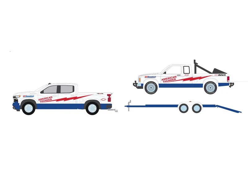 RAW CHASE 2023 Chevrolet Silverado 1500 - 1989 Chevrolet S-10 Baja w/ Flatbed Trailer (Racing Hitch & Tow Series 5) Diecast 1:64 Scale Model - Greenlight 31170C - Image 3