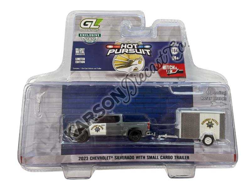 RAW CHASE 2023 Chevrolet Silverado w/ Trailer California Highway Patrol (Hot Pursuit Hitch & Tow Series 1) Diecast 1:64 Scale Model - Greenlight 32315C